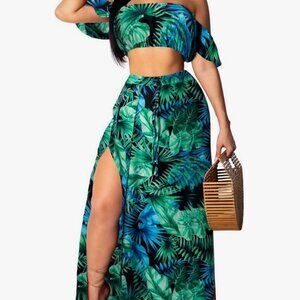 Unbranded Tropical 2 Piece Skirt & Top Set XL Tropical Print Blue Green Vacation